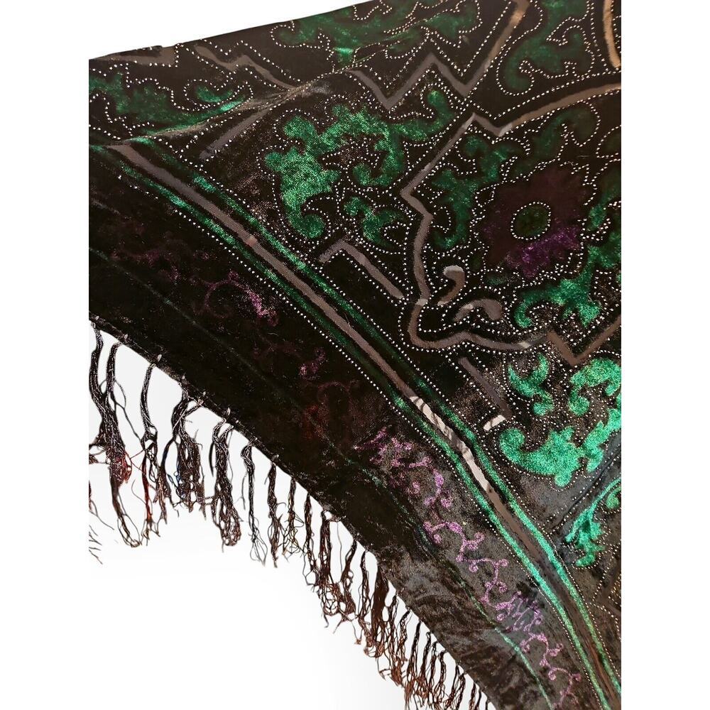 Womens One Size Poncho Shrug Cape Purple Emerald Green Tassels Estate Rich - Picture 3 of 3